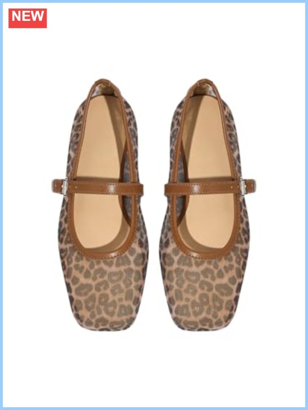 Milumia Women Leopard Mesh Ballet Flats Square Toe Mary Jane Buckle Faux Leather